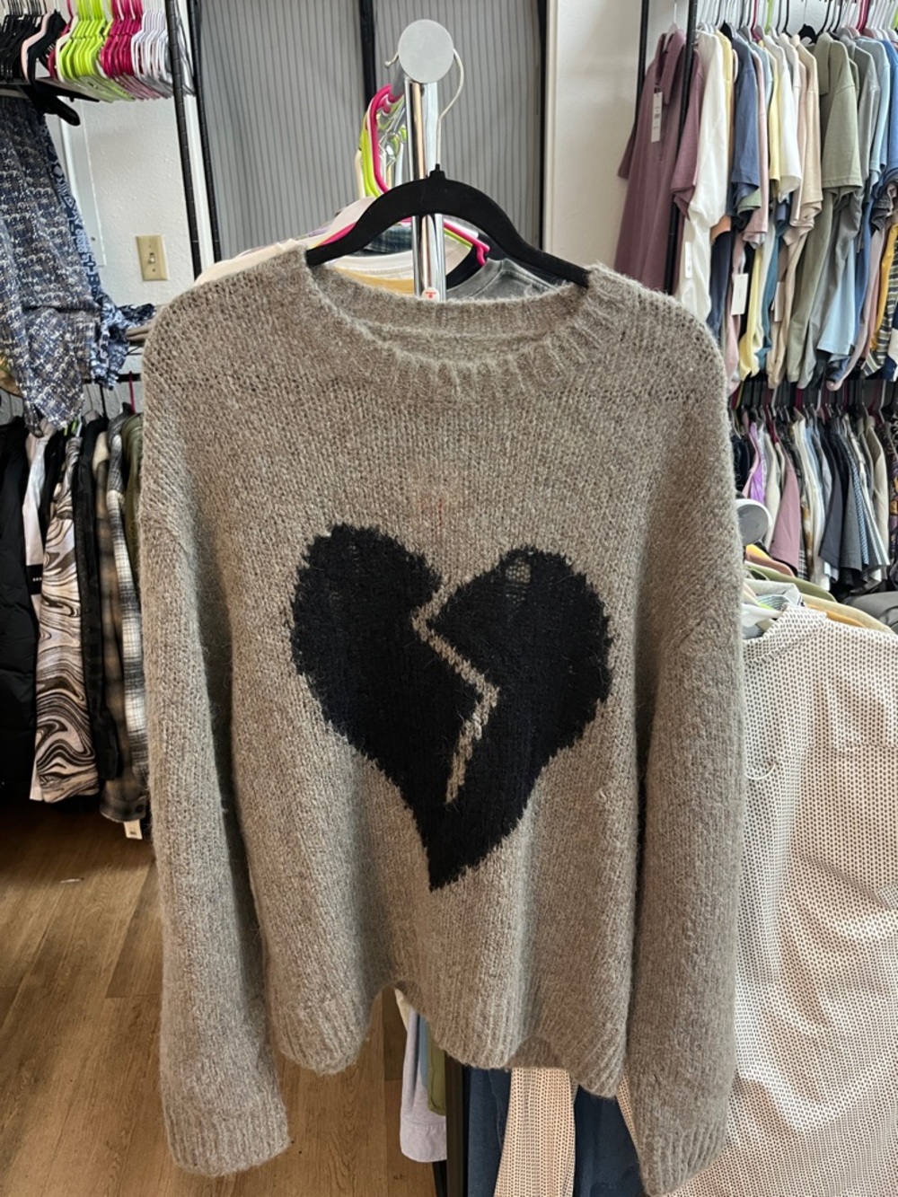 AllSaints Gray/Brown Oversized Crewneck Sweater with Black Broken-Heart Motif